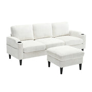 Divano 4 Posti con Pouf Contenitore; Portabicchieri e Tasche Laterali; in Ciniglia Beige; 196;5 × 75 × 77 cm