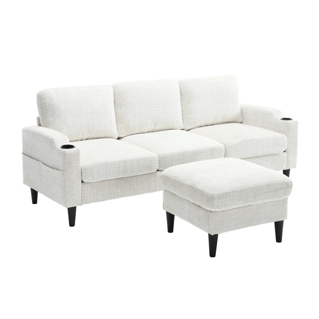 Divano 4 Posti con Pouf Contenitore; Portabicchieri e Tasche Laterali; in Ciniglia Beige; 196;5 × 75 × 77 cm