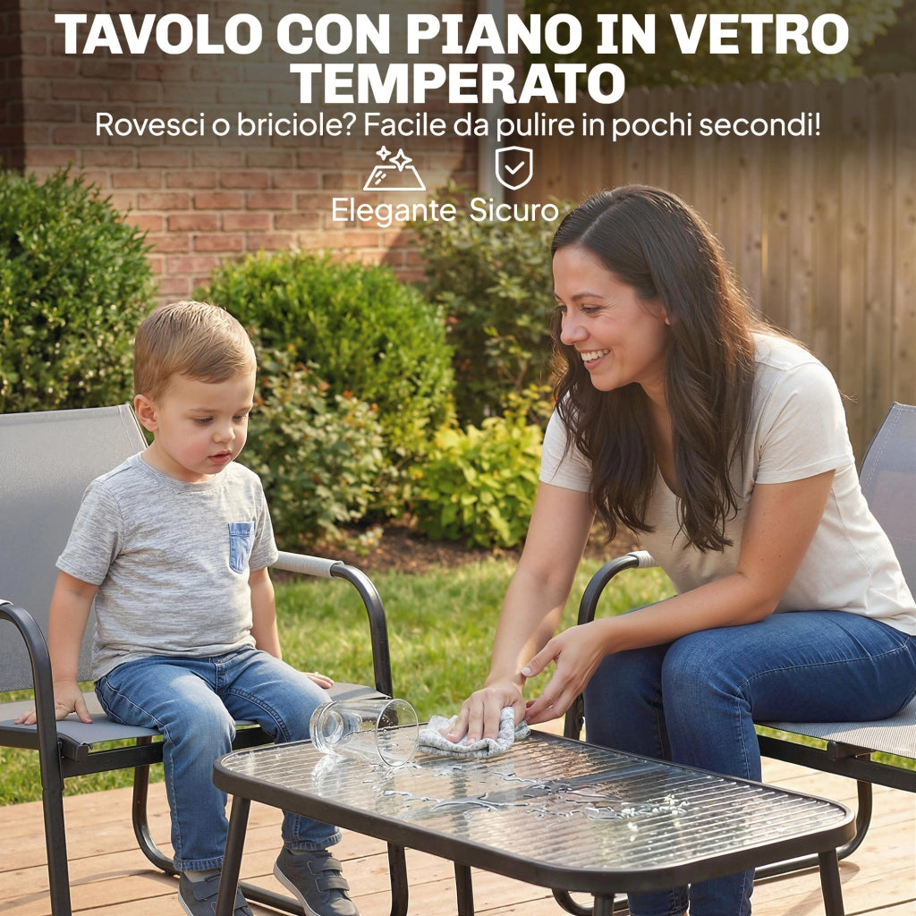 Set da Giardino 4 Pezzi con Divano 2 Posti, 2 Sedie e Tavolino ¨C zephmum ¨C Struttura in Metallo Grigio