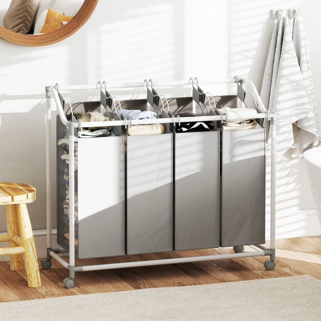 Carrello per bucato mobile con 4 sacchetti ¨C zephmum ¨C grigio 97x38x81 cm