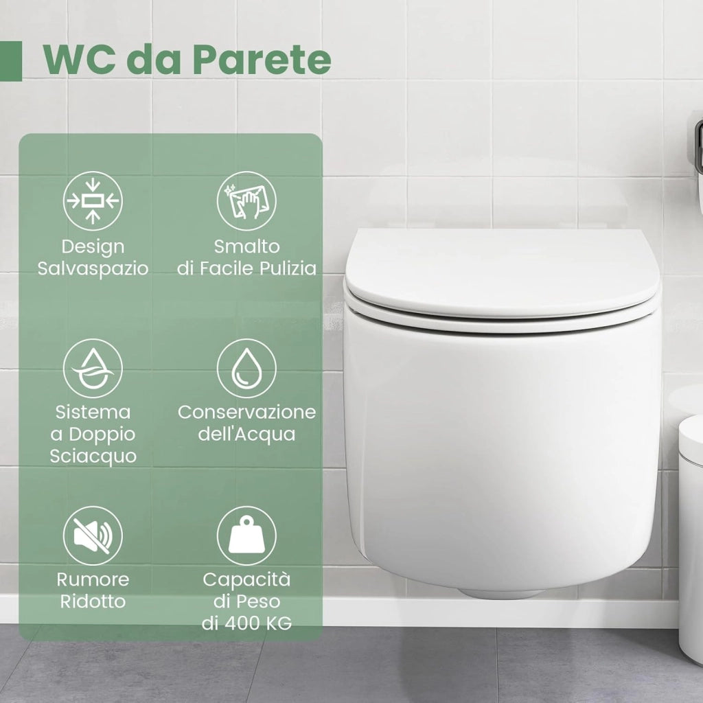 Sanitari Bagno a Muro, Sanitari Bagno Sospeso con Sistema di Doppio Scarico, Meccanismo di Chiusura Ammortizzata e Accessori di Montaggio, Facile da Pulire