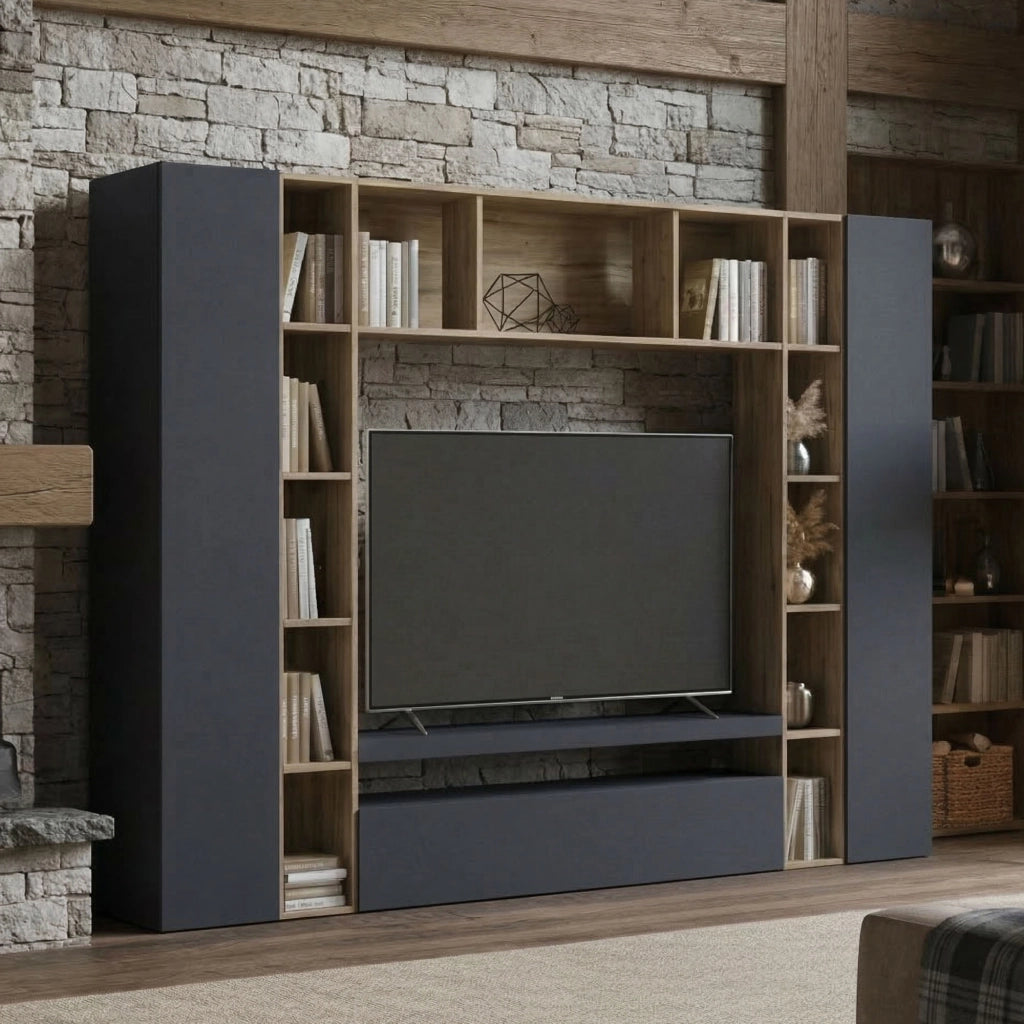 Parete attrezzata Austis, Set salotto porta TV a 3 ante, Mobile soggiorno multiuso, 100% Made in Italy, cm 270x35h210, Antracite e Rovere