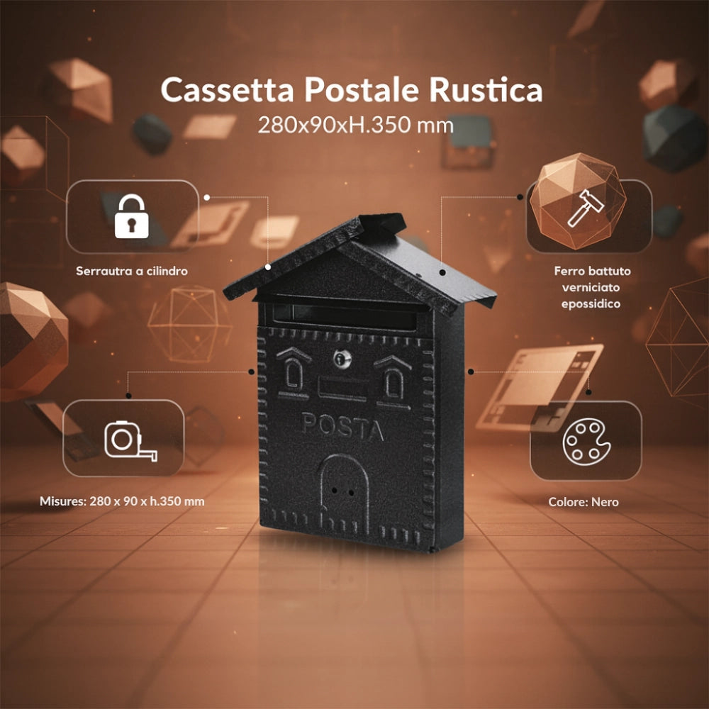 Cassetta postale rustica nera in ferro battuto 280x90xh.350 mm