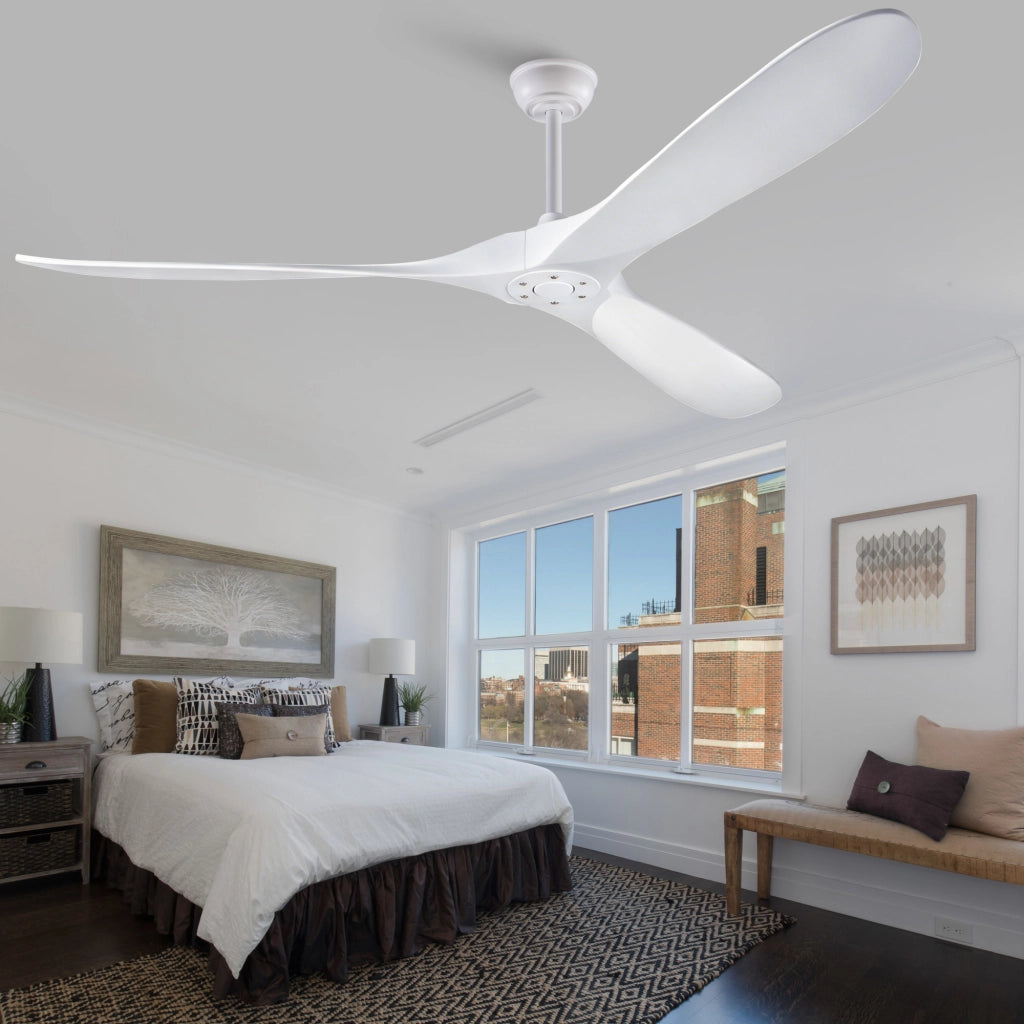 Ventilatore da soffitto bianco design moderno 70 pollici, 3 pale legno massello, senza illuminazione, motore DC reversibile silenzioso