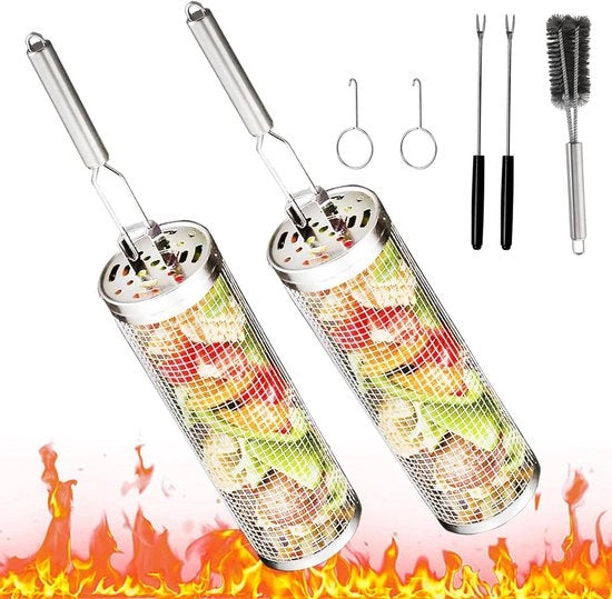 Due grigliate in acciaio inossidabile con manico a mano per barbecue - grigliata di verdure - grigliate per campeggio e terrazze