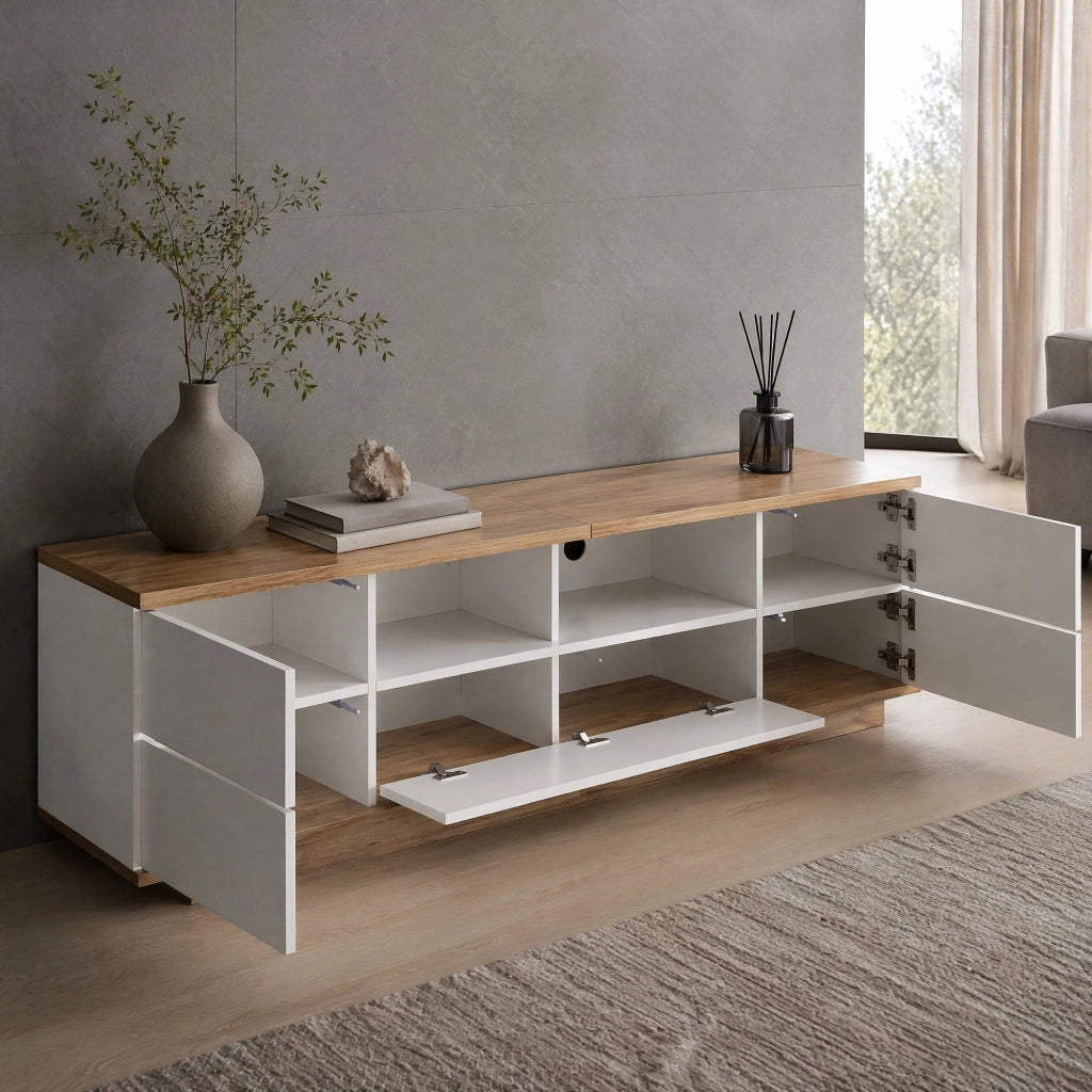 Mobile TV moderno 180 cm in MDF bianco e colore legno; con ante a griglia