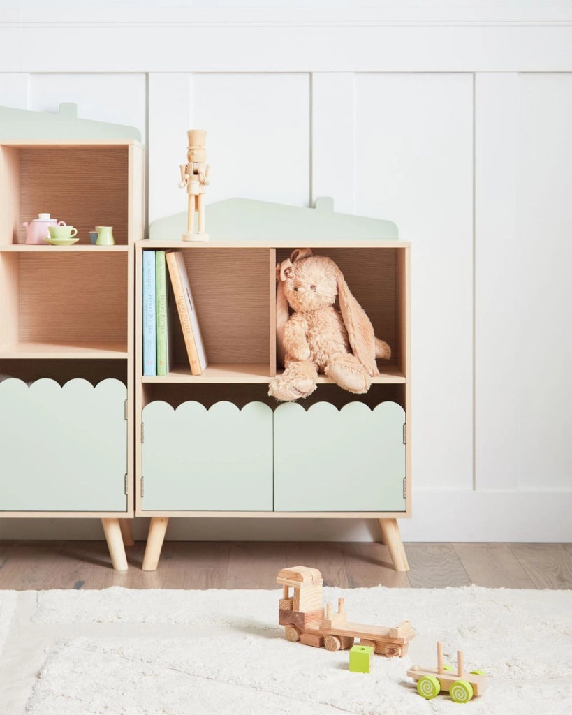 Scaffale 1 ripiano portaoggetti per la cameretta dei bambini in legno di pino MDF con gambe in legno chiaro