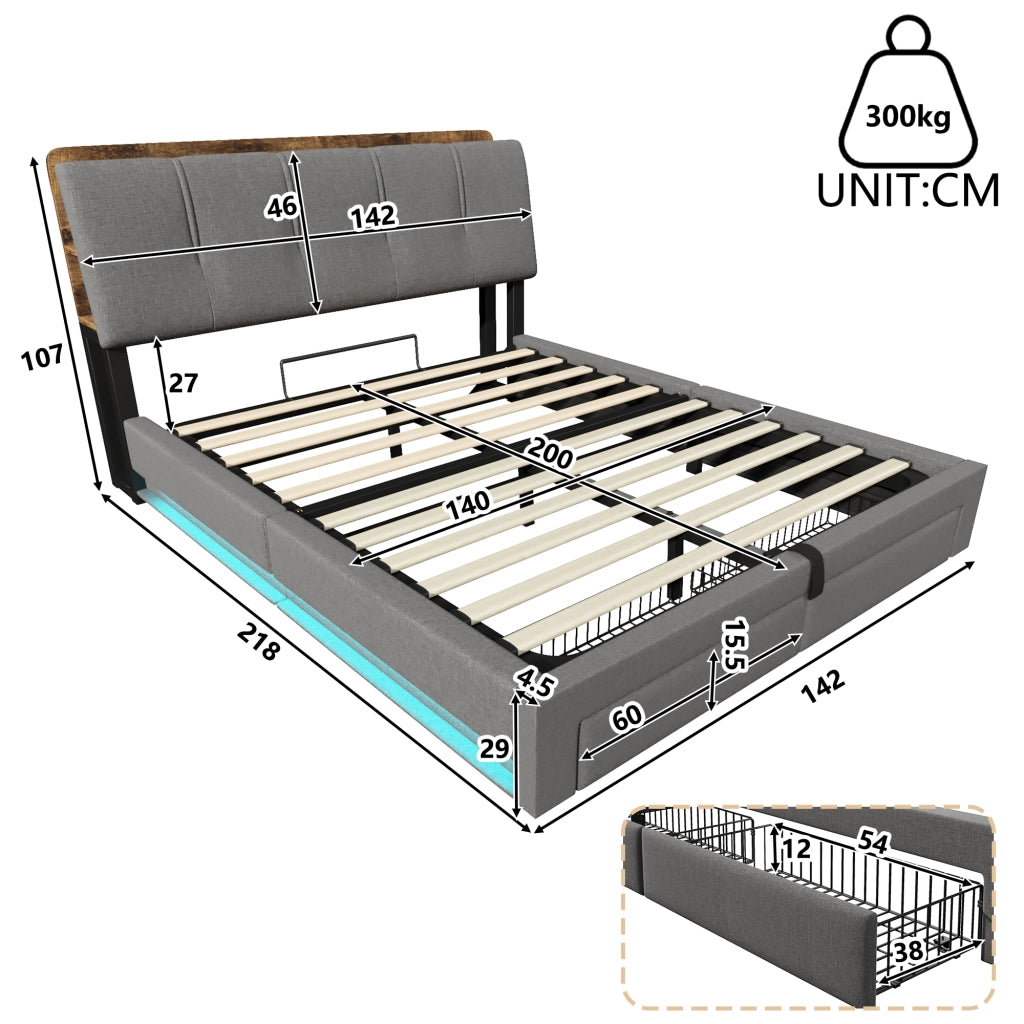 Letto imbottito idraulico con USB LED 140x200 cm colore grigio lino
