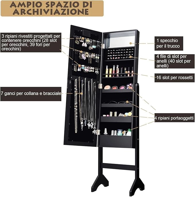 Portagioie Armadietto Specchiera con 18 Luci LED, Specchio a Figura Intera, Organizer per Gioielli Moderno Elegante, 145x35x31,5cm (Nero)