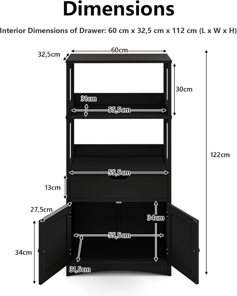 Mobile da bagno con ripiano a 3 livelli e cassetto, armadio su piedistallo per bagno, dispositivo antiribaltamento, mobiletto portaoggetti 60 x 32,5 x 122 cm (nero)