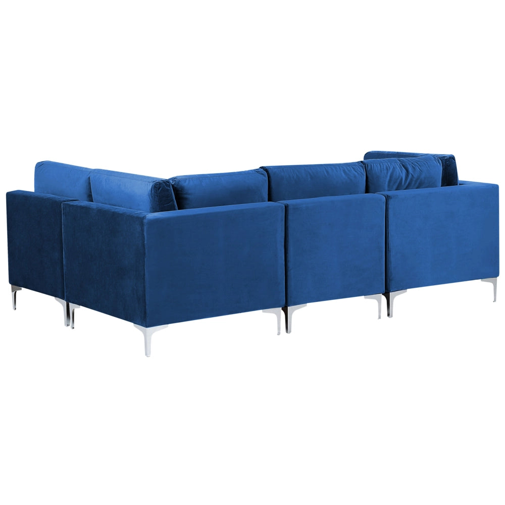 Divano ad angolo componibile versione sinistra a 4 posti in velluto blu marino con gambe in metallo argento stile glamour