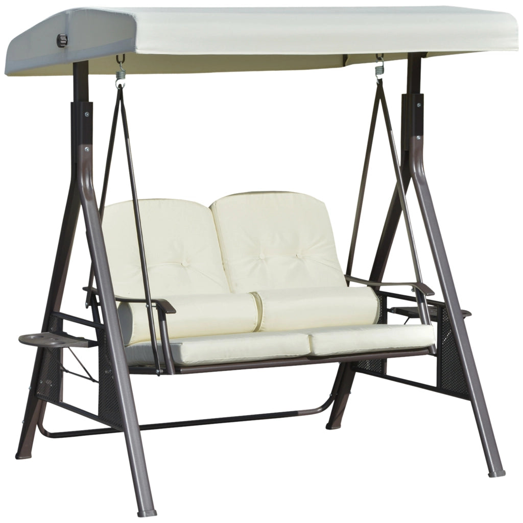 Balan?oire de porche 2 places Balan?oire de jardin avec auvent solaire coussin et plateau cadre m¨¦tallique housse en polyester beige 162x118x173cm
