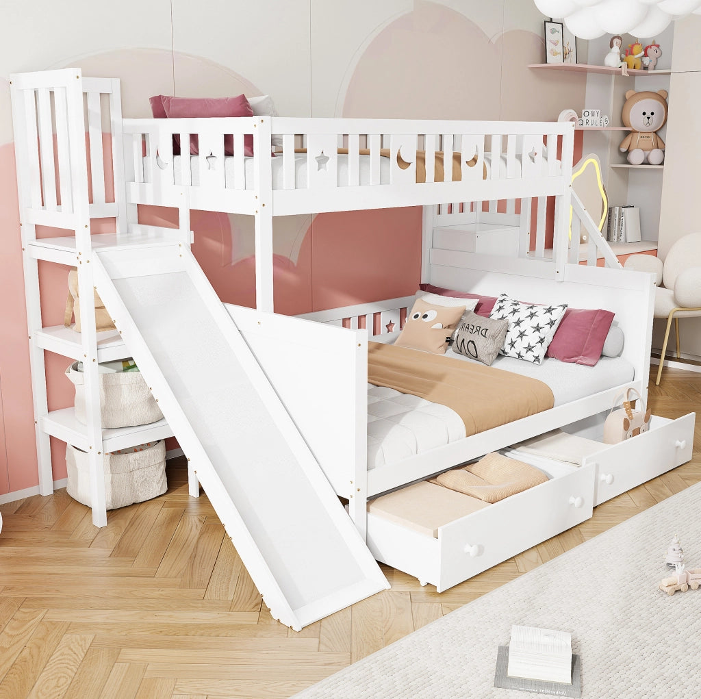Letto a castello per bambini con scivolo e cassetti, bianco