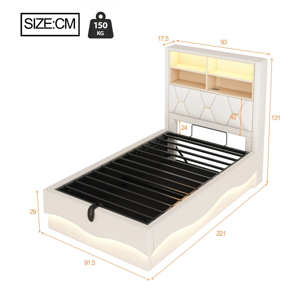 Letto 90x200 cm beige in metallo e lino, con contenitore e LED