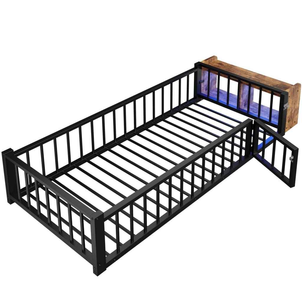 Letto 90x200 cm con sponda; vano portaoggetti e LED in metallo e MDF