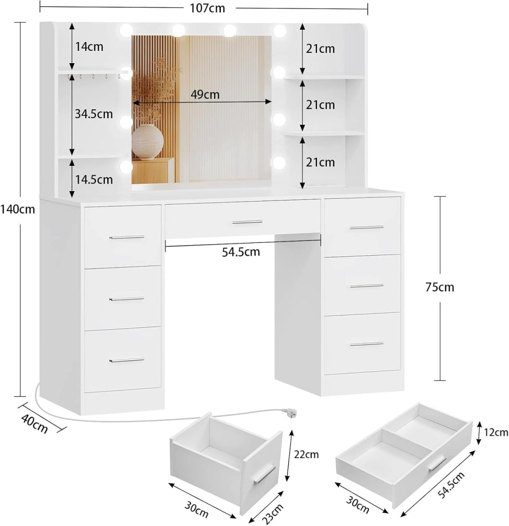 Toeletta Trucco con Luci, Led Regolabili, 3 Colori Regolabili, Toletta con Grande Specchio,Presa,Bianco, 7 Cassetti, 4 Ripiani Aperti e 5 Ganci per Gioielli per la Camera da Letto