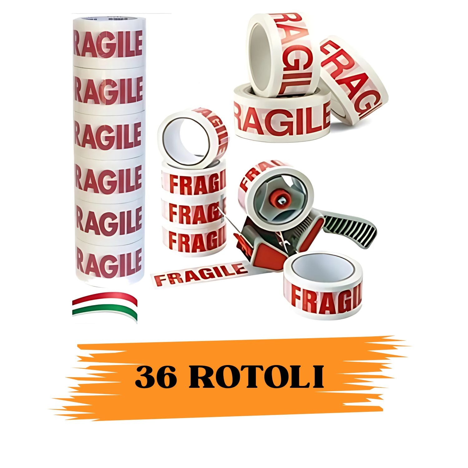 EcoPrice® Nastro Adesivo Imballaggio FRAGILE 48mmx66m 36 Rotoli