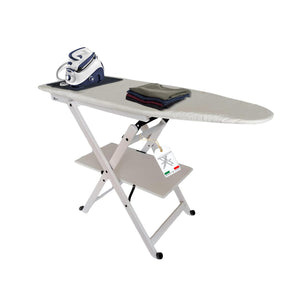 MOHOME Asse da Stiro Legno Faggio Pieghevole Salvaspazio Tappetino Silicone Portacaldaia Rotelle Trasportabili Dimensioni 123 x 89 x 48 cm Made in Italy Con Set 3 Grucce in Omaggio Colore: Bianco