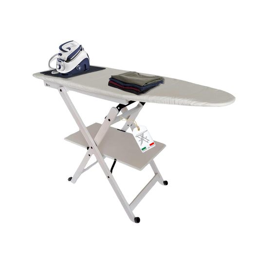 MOHOME Asse da Stiro Legno Faggio Pieghevole Salvaspazio Tappetino Silicone Portacaldaia Rotelle Trasportabili Dimensioni 123 x 89 x 48 cm Made in Italy Con Set 3 Grucce in Omaggio Colore: Naturale