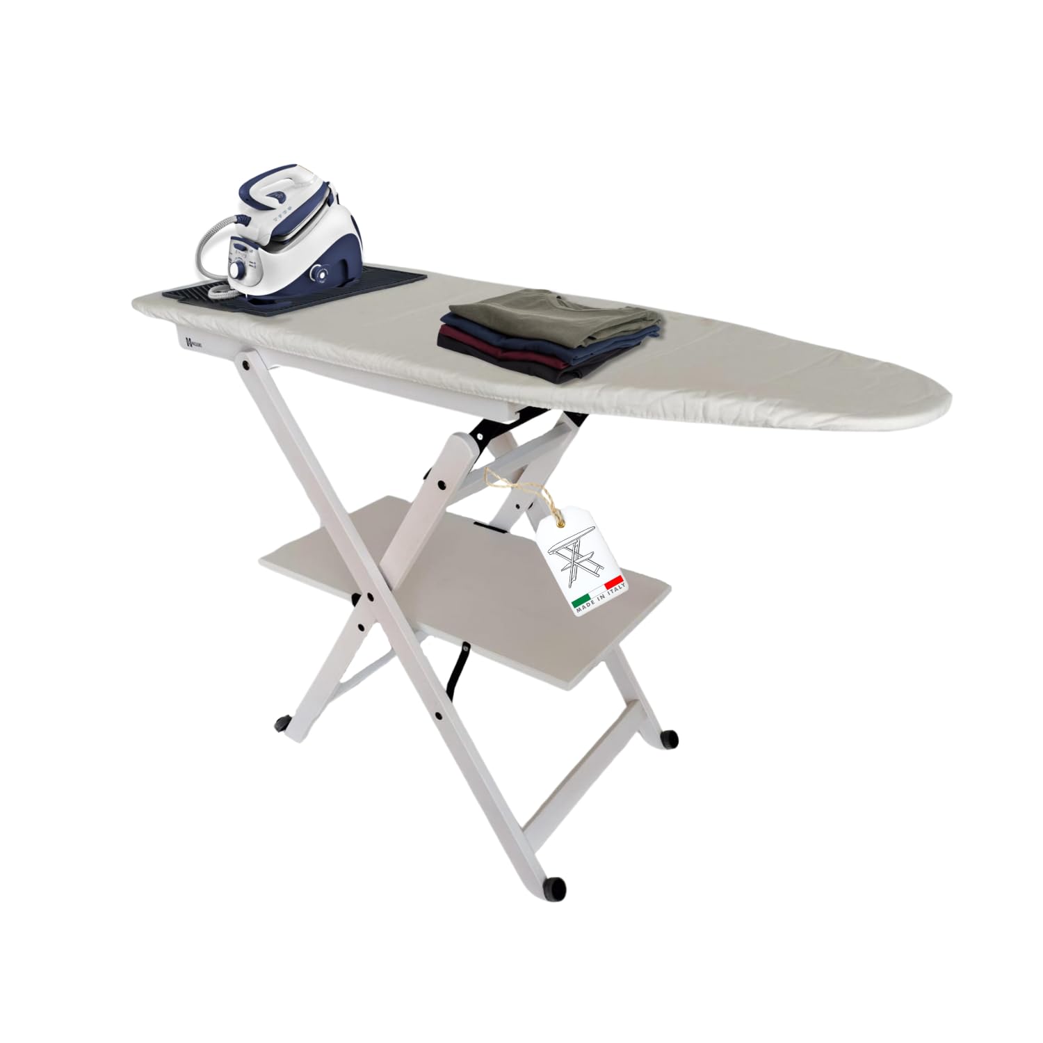 MOHOME Asse da Stiro Legno Faggio Pieghevole Salvaspazio Tappetino Silicone Portacaldaia Rotelle Trasportabili Dimensioni 123 x 89 x 48 cm Made in Italy Con Set 3 Grucce in Omaggio Colore: Noce