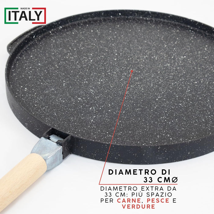 MOHOME Bistecchiera Antiaderente Pietra Made in Italy Alluminio Pressofuso Reversibile Piano Cottura Grill Fornello Gas Forno Padella Piastra Liscia Rigata Manico Removibile Taglia: 33 CM Ø