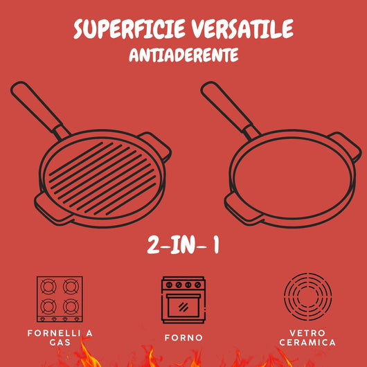 MOHOME Bistecchiera Antiaderente Pietra Made in Italy Alluminio Pressofuso Reversibile Piano Cottura Grill Fornello Gas Forno Padella Piastra Liscia Rigata Manico Removibile Taglia: 33 CM Ø