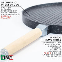 MOHOME Bistecchiera Antiaderente Pietra Made in Italy Alluminio Pressofuso Reversibile Piano Cottura Grill Fornello Gas Forno Padella Piastra Liscia Rigata Manico Removibile Taglia: 37 CM Ø