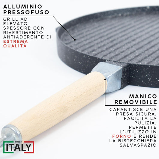 MOHOME Bistecchiera Antiaderente Pietra Made in Italy Alluminio Pressofuso Reversibile Piano Cottura Grill Fornello Gas Forno Padella Piastra Liscia Rigata Manico Removibile Taglia: 37 CM Ø