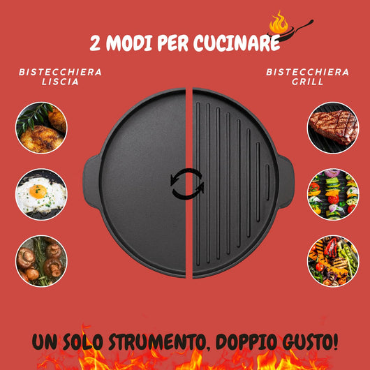 MOHOME Bistecchiera Antiaderente Pietra Made in Italy Alluminio Pressofuso Reversibile Piano Cottura Grill Fornello Gas Forno Padella Piastra Liscia Rigata Manico Removibile Taglia: 37 CM Ø