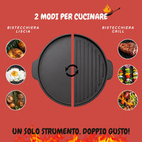 MOHOME Bistecchiera Antiaderente Pietra Made in Italy Alluminio Pressofuso Reversibile Piano Cottura Grill Fornello Gas Forno Padella Piastra Liscia Rigata Manico Removibile Taglia: 37 CM Ø