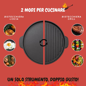MOHOME Bistecchiera Antiaderente Pietra Made in Italy Alluminio Pressofuso Reversibile Piano Cottura Grill Fornello Gas Forno Padella Piastra Liscia Rigata Manico Removibile Taglia: 37 CM Ø