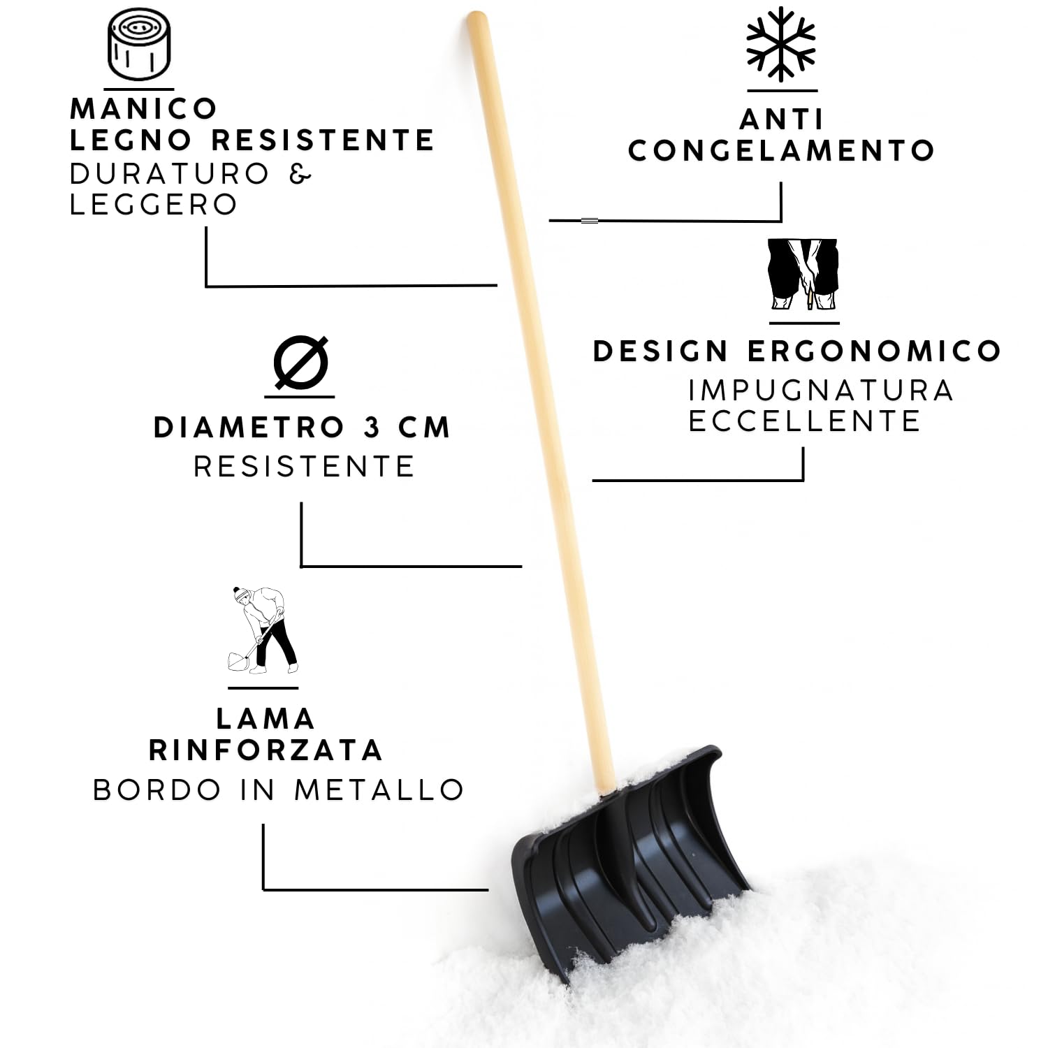 OWIJI Pala da Neve Nera Multifunzione Manico Legno Lama in Plastica Rinforzata Resistente Bordo Metallo Larghezza Lavoro 40 cm Spala Neve Foglie Terreno Giardinaggio