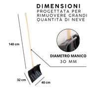 OWIJI Pala da Neve Nera Multifunzione Manico Legno Lama in Plastica Rinforzata Resistente Bordo Metallo Larghezza Lavoro 40 cm Spala Neve Foglie Terreno Giardinaggio