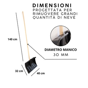 OWIJI Pala da Neve Nera Multifunzione Manico Legno Lama in Plastica Rinforzata Resistente Bordo Metallo Larghezza Lavoro 40 cm Spala Neve Foglie Terreno Giardinaggio