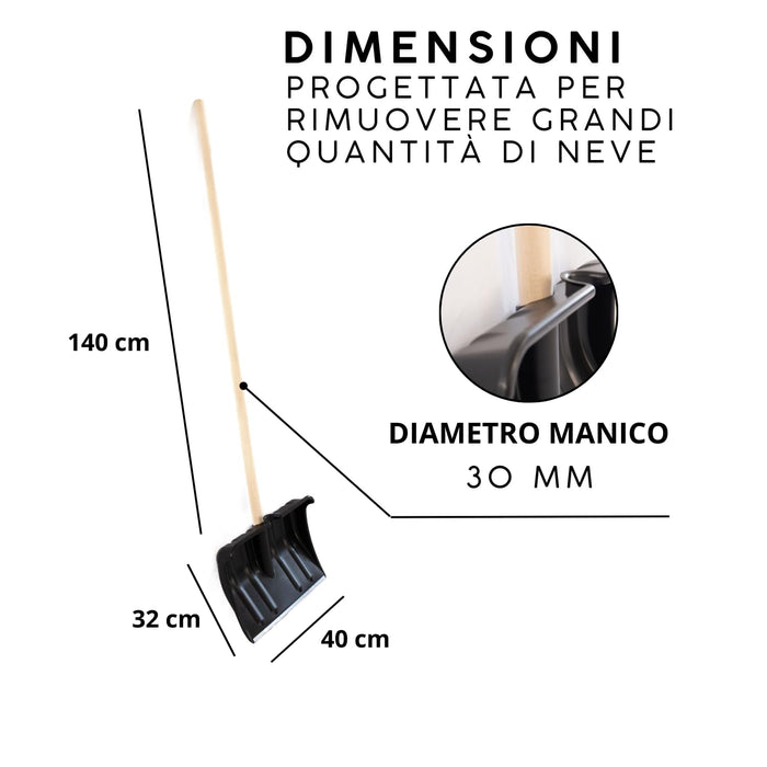 OWIJI Pala da Neve Nera Multifunzione Manico Legno Lama in Plastica Rinforzata Resistente Bordo Metallo Larghezza Lavoro 40 cm Spala Neve Foglie Terreno Giardinaggio