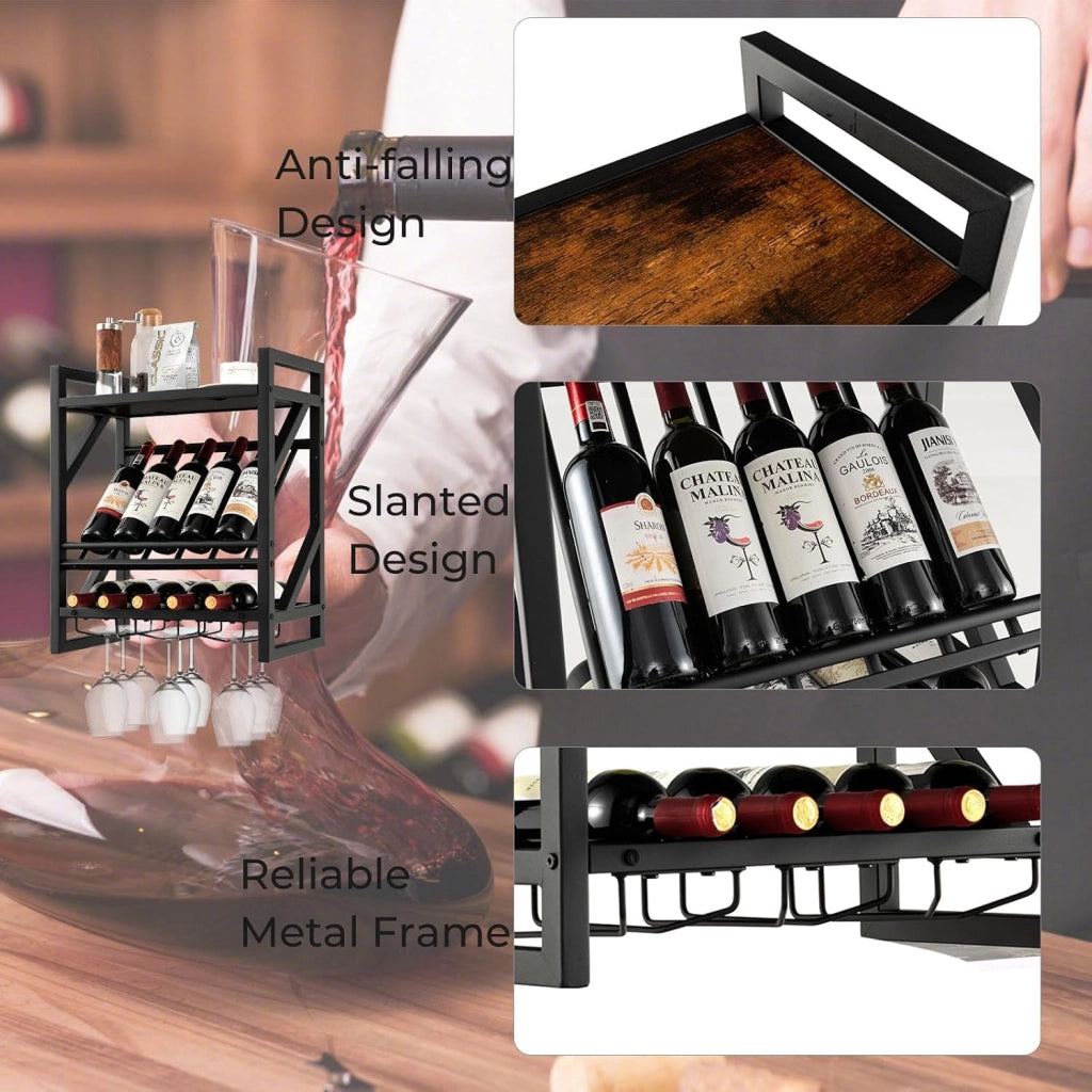 Cantinetta a Parete, Scaffale Vino Decorativo con Portacalici per Coppe, Supporto per Bottiglie Appendibile, 20 kg di Carico per Strato, per Cucina, Cantina, Bar (51 x 26,5 x 60 cm)