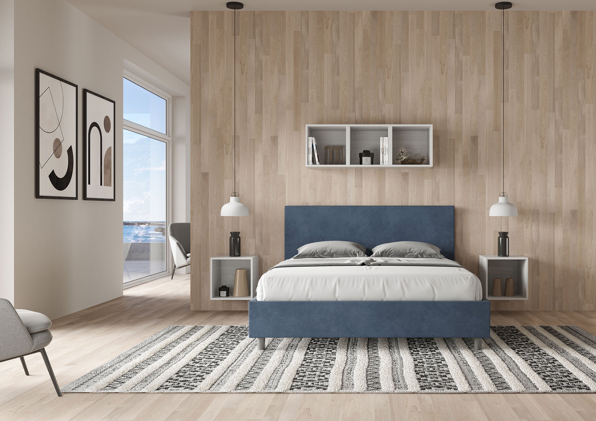 BS COM Letto matrimoniale contenitore imbottito 160x200 microfibra blu