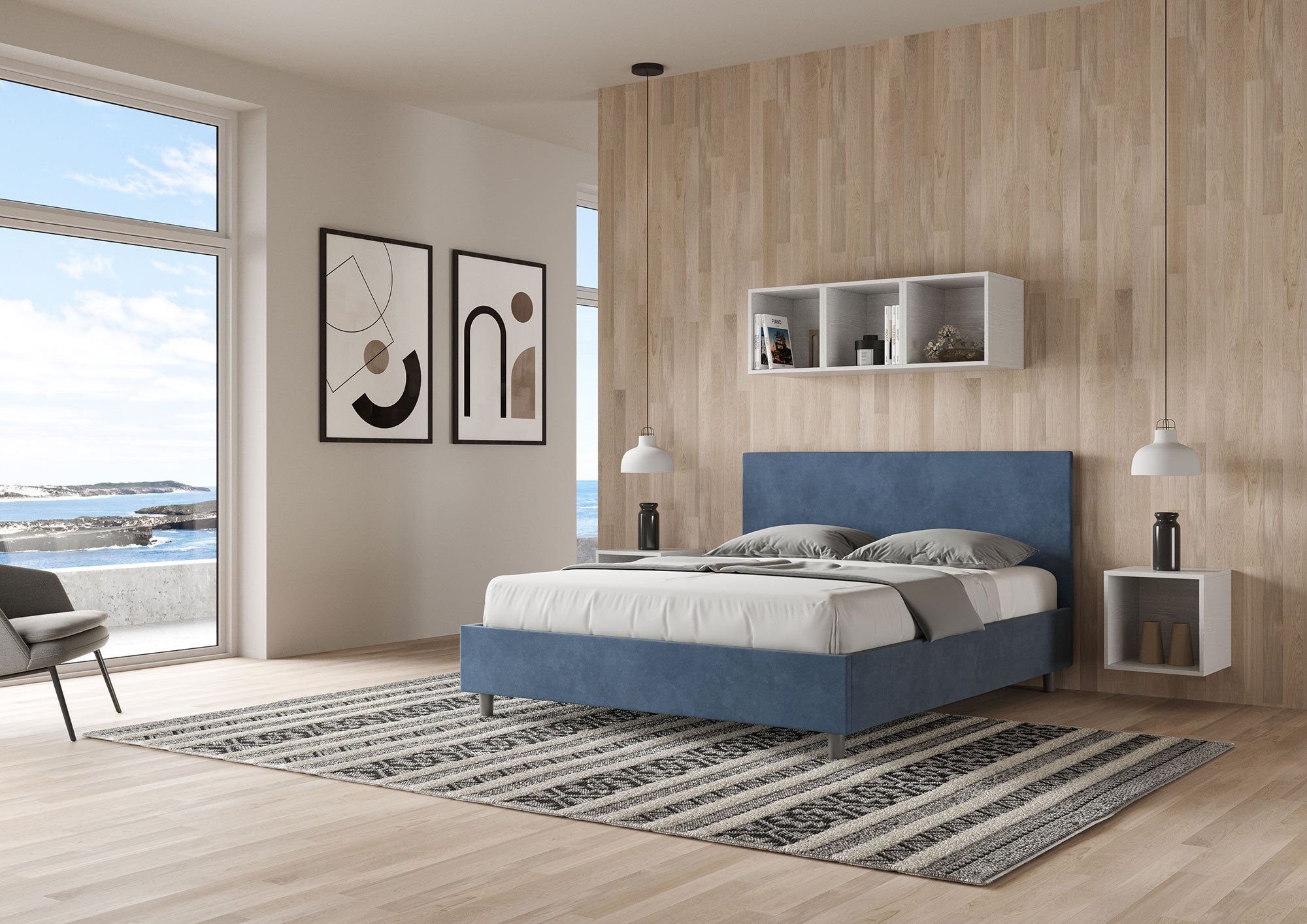 BS COM Letto matrimoniale contenitore imbottito 160x200 microfibra blu