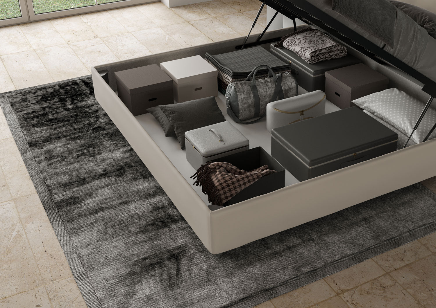 BS COM Letto matrimoniale king size contenitore imbottito 200x200 similpelle tortora