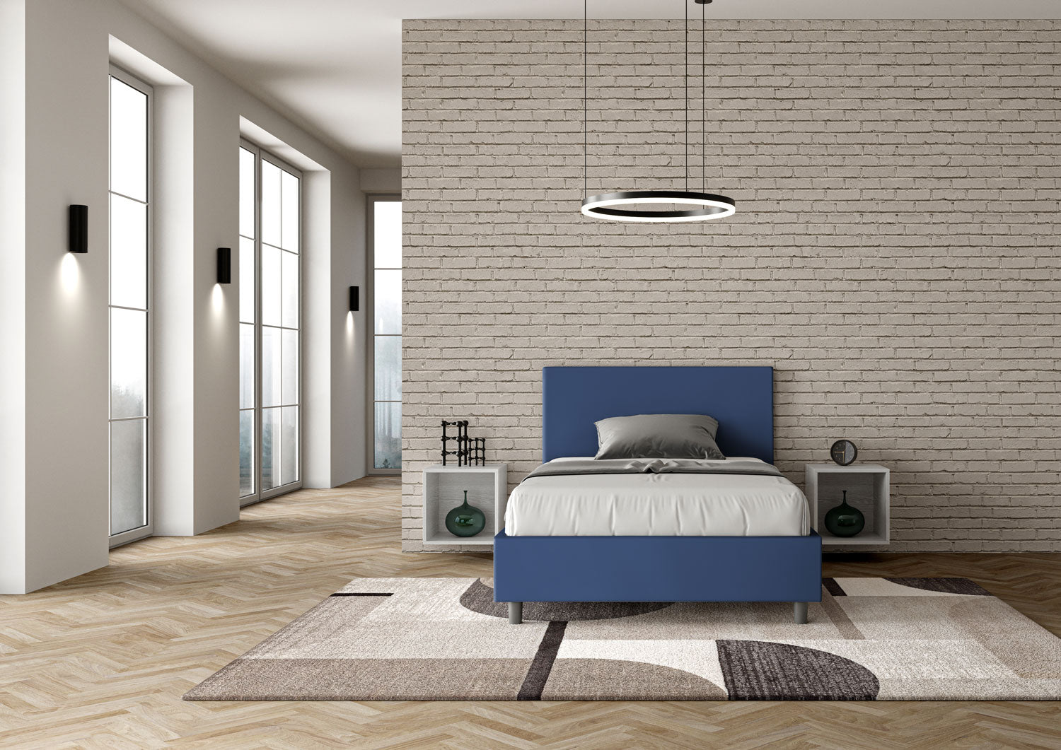 BS COM Letto una piazza e mezza senza rete imbottito 120x200 similpelle blu