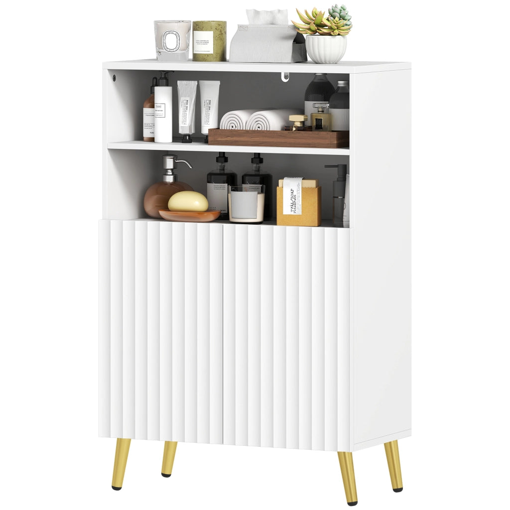 Mobiletto Bagno Moderno con 2 Ripiani Aperti e Armadietto con Ante Ammortizzate, 60x31.8x93 cm, Bianco
