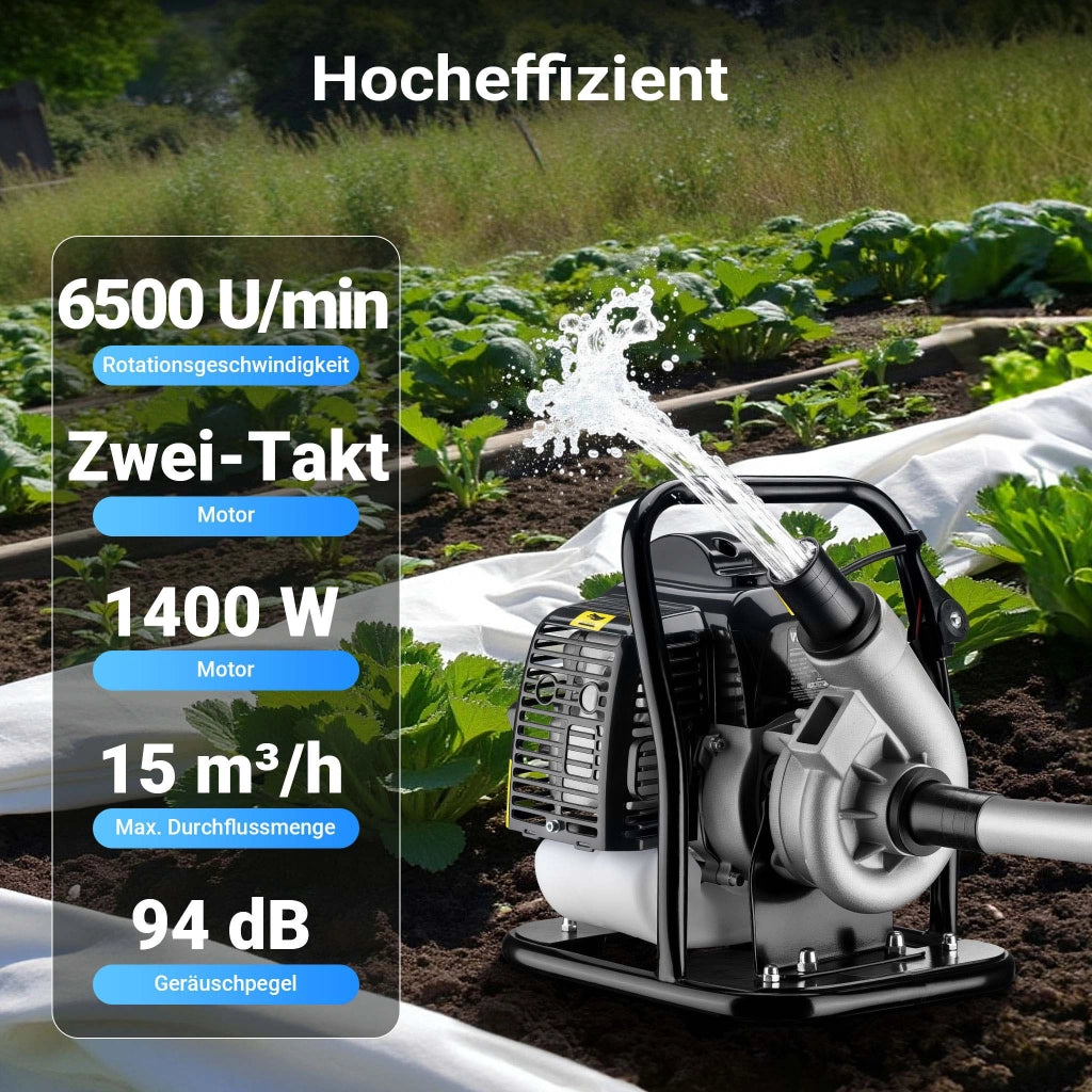 Pompa per acqua a benzina, motore a 2 tempi, 1,4 kW, pompa per giardino con portata 400 l/min, profondità di aspirazione max 8 m, per cantine, cantieri, scavi