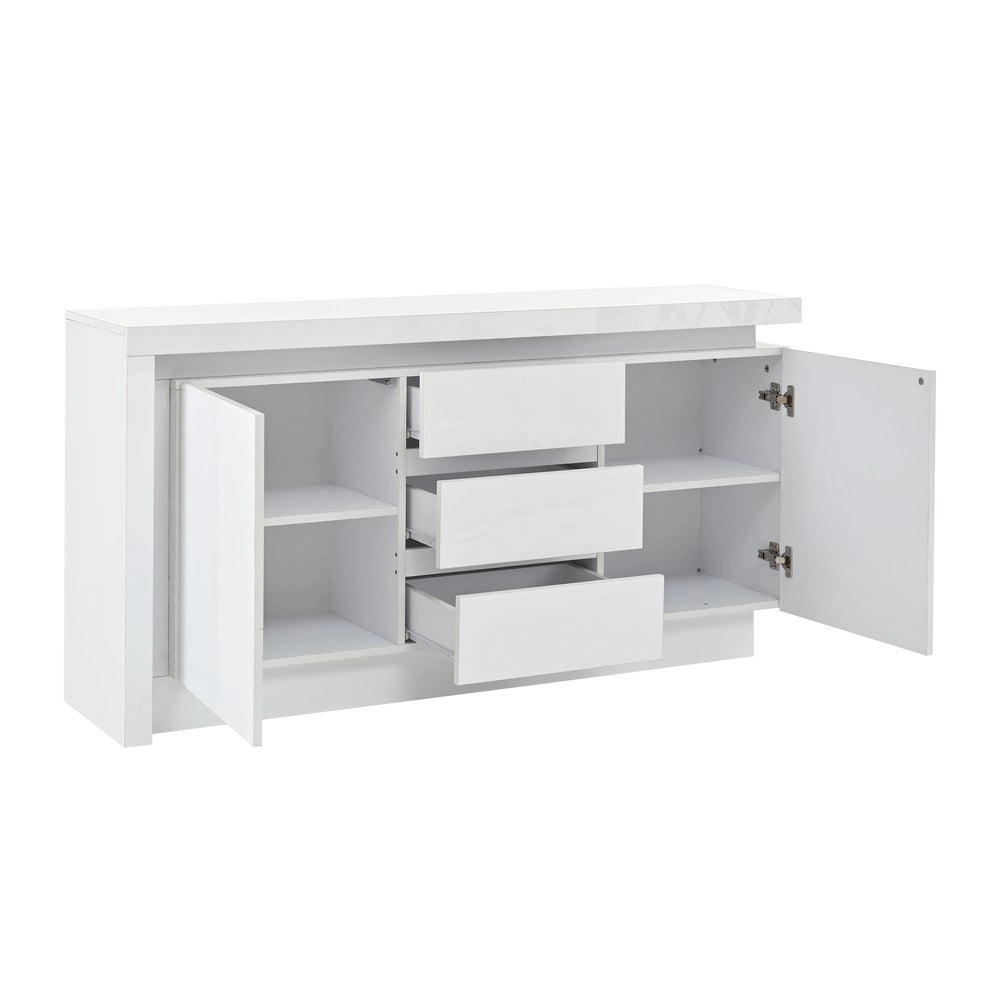 Cassettiera con Ante e LED ¨C MINIMAL ¨C Bianco Lucido, 3 Cassetti, 140x35x72