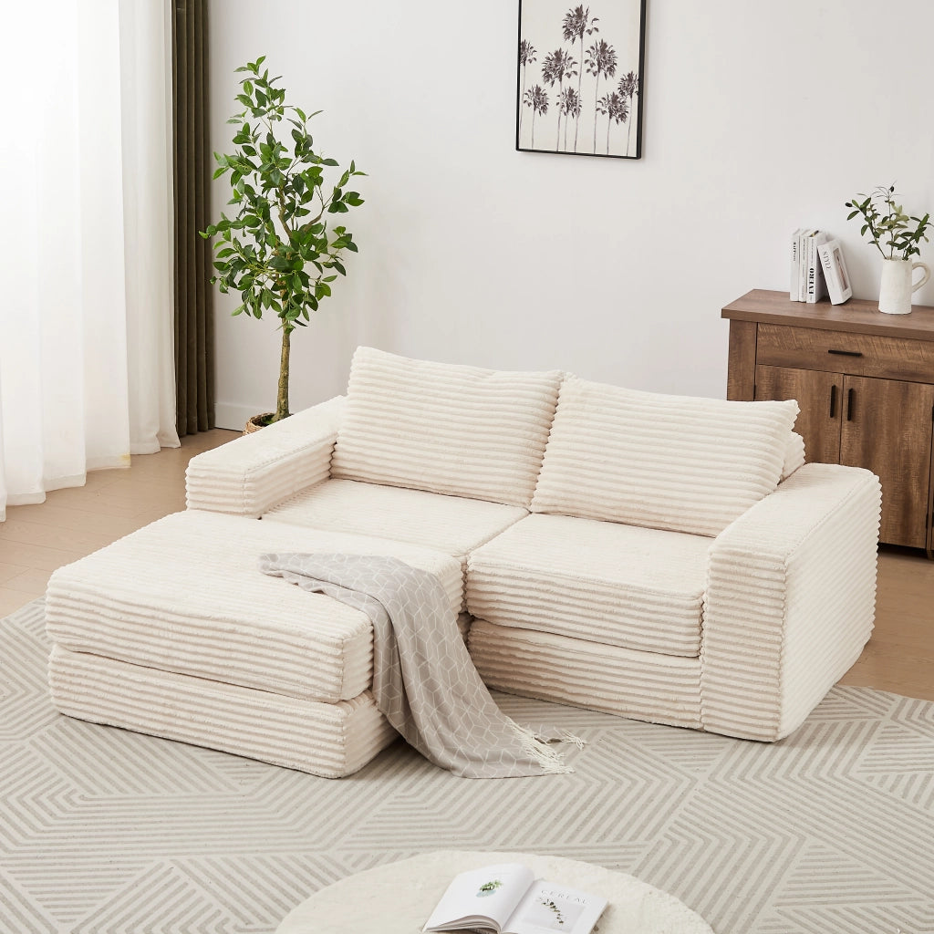 Divano letto modulare con chaise longue e pouf mobile in velluto a coste beige