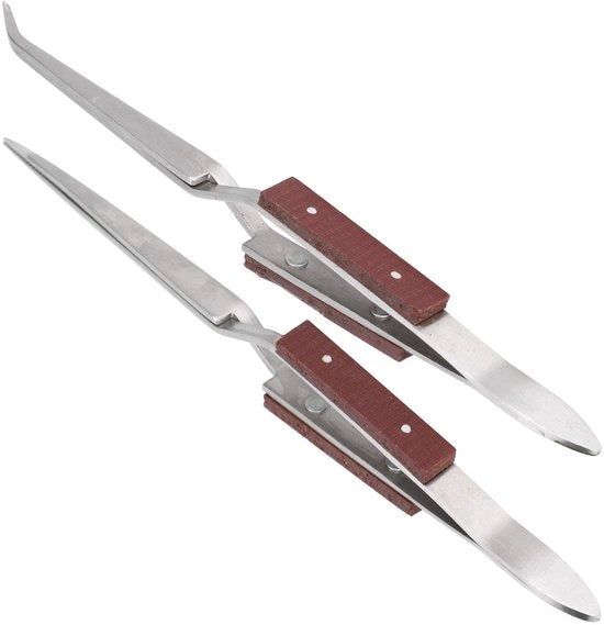 Pincetta con maniglia in legno - Antiscivolo - Stabile - Punta diritta/curva - Per uso DIY - In acciaio inossidabile - Pincetta