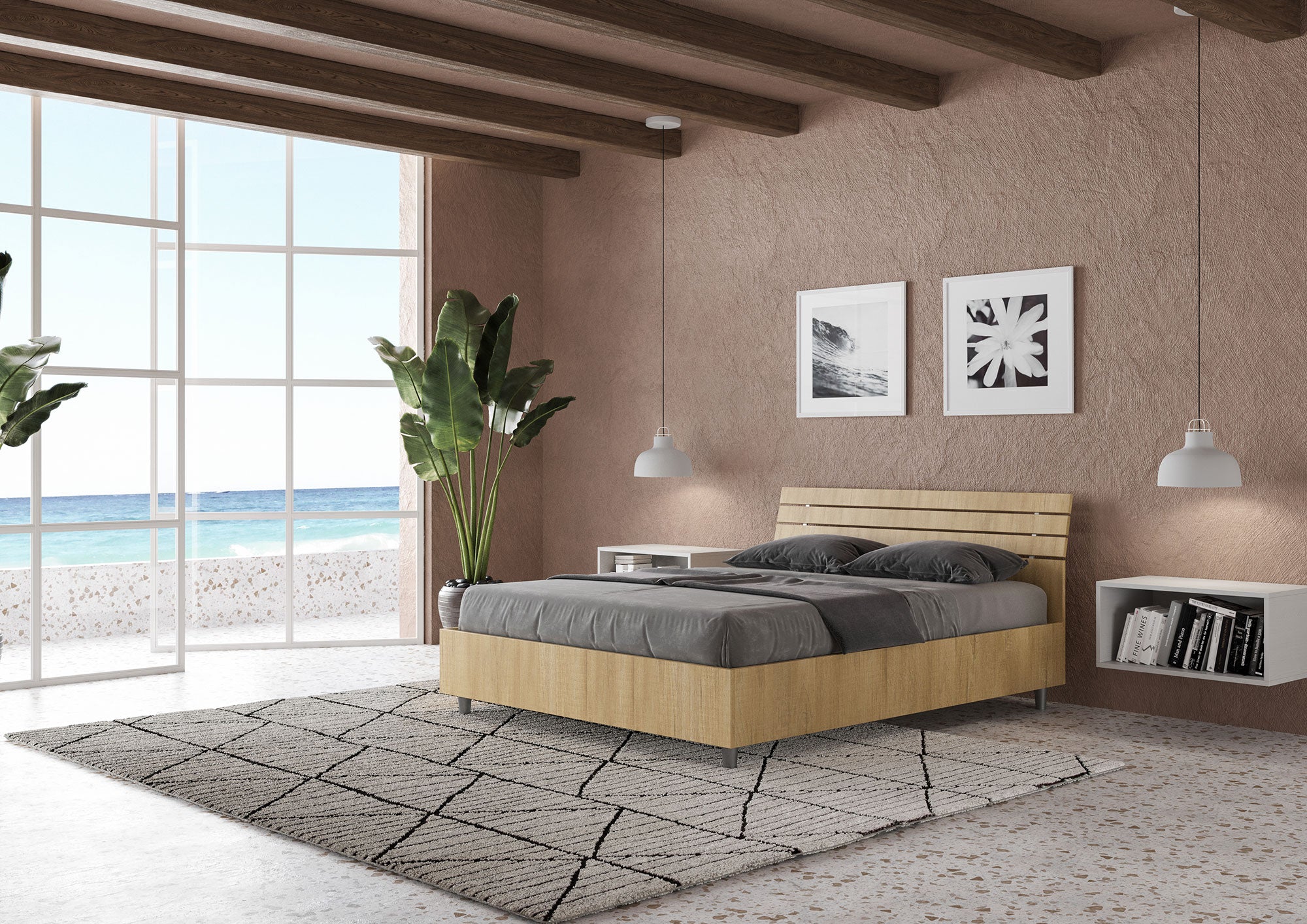 BS COM Letto matrimoniale francese con rete 140x200 testata inclinata con doghe quercia