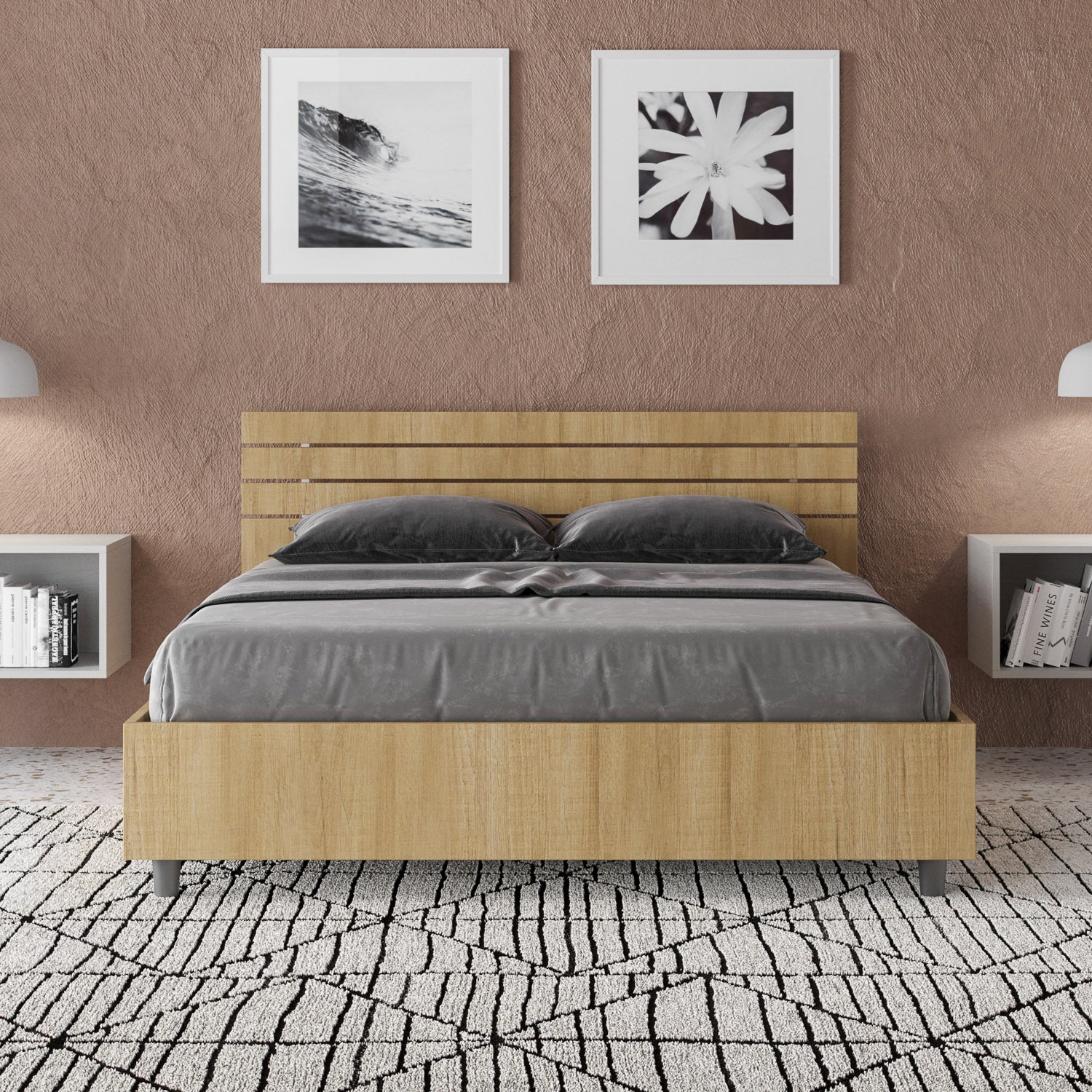 BS COM Letto matrimoniale francese con rete 140x200 testata inclinata con doghe quercia
