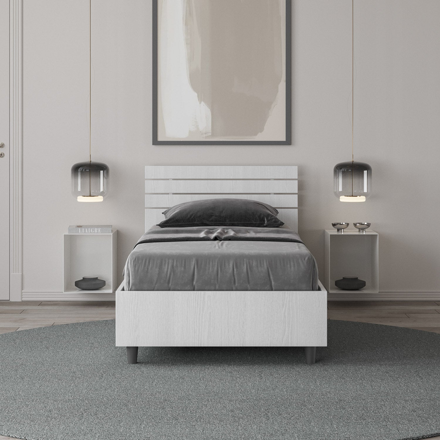 BS COM Letto singolo con rete 80x190 testata inclinata con doghe bianco frassino