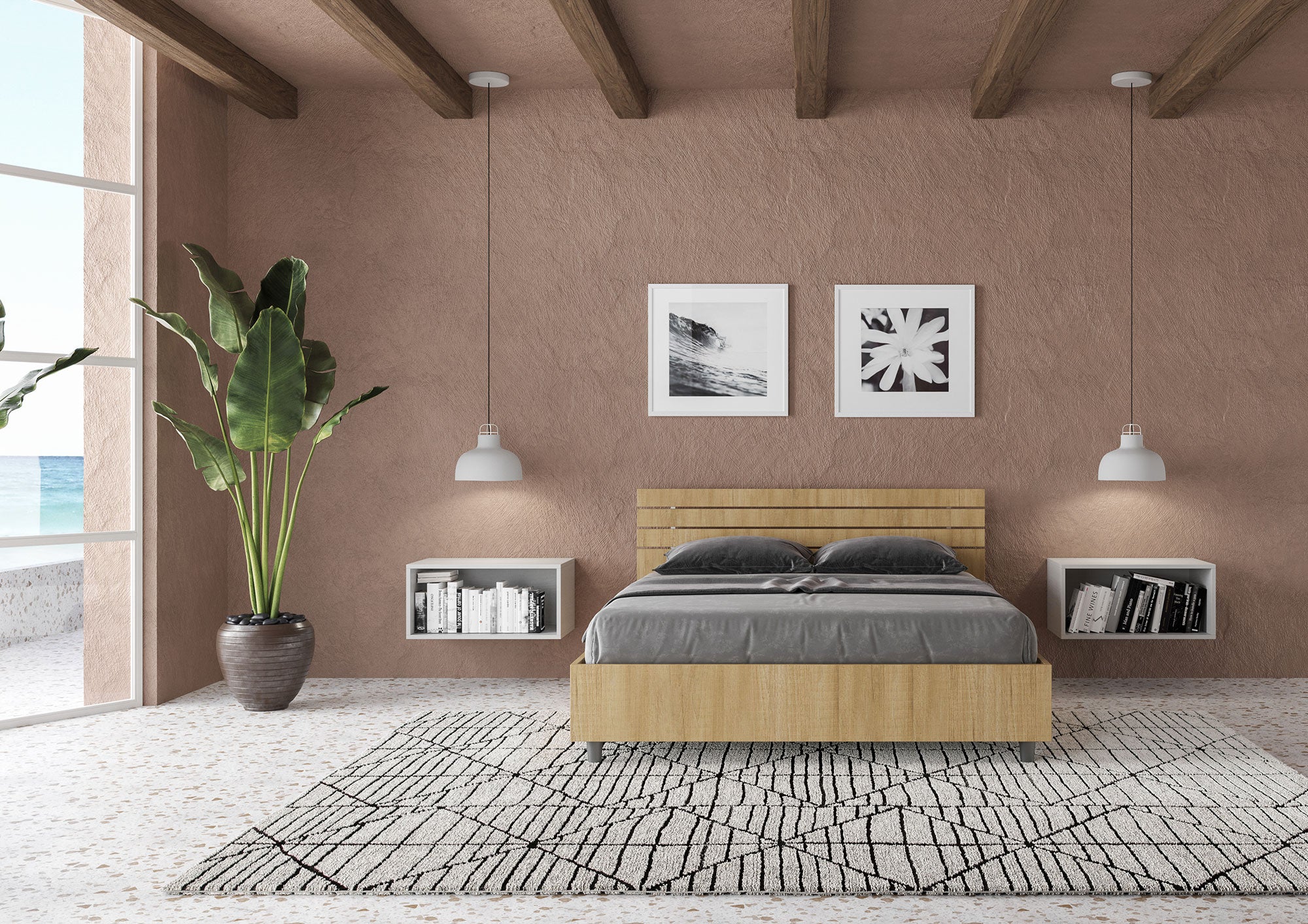 BS COM Letto matrimoniale francese contenitore 140x200 testata inclinata con doghe quercia