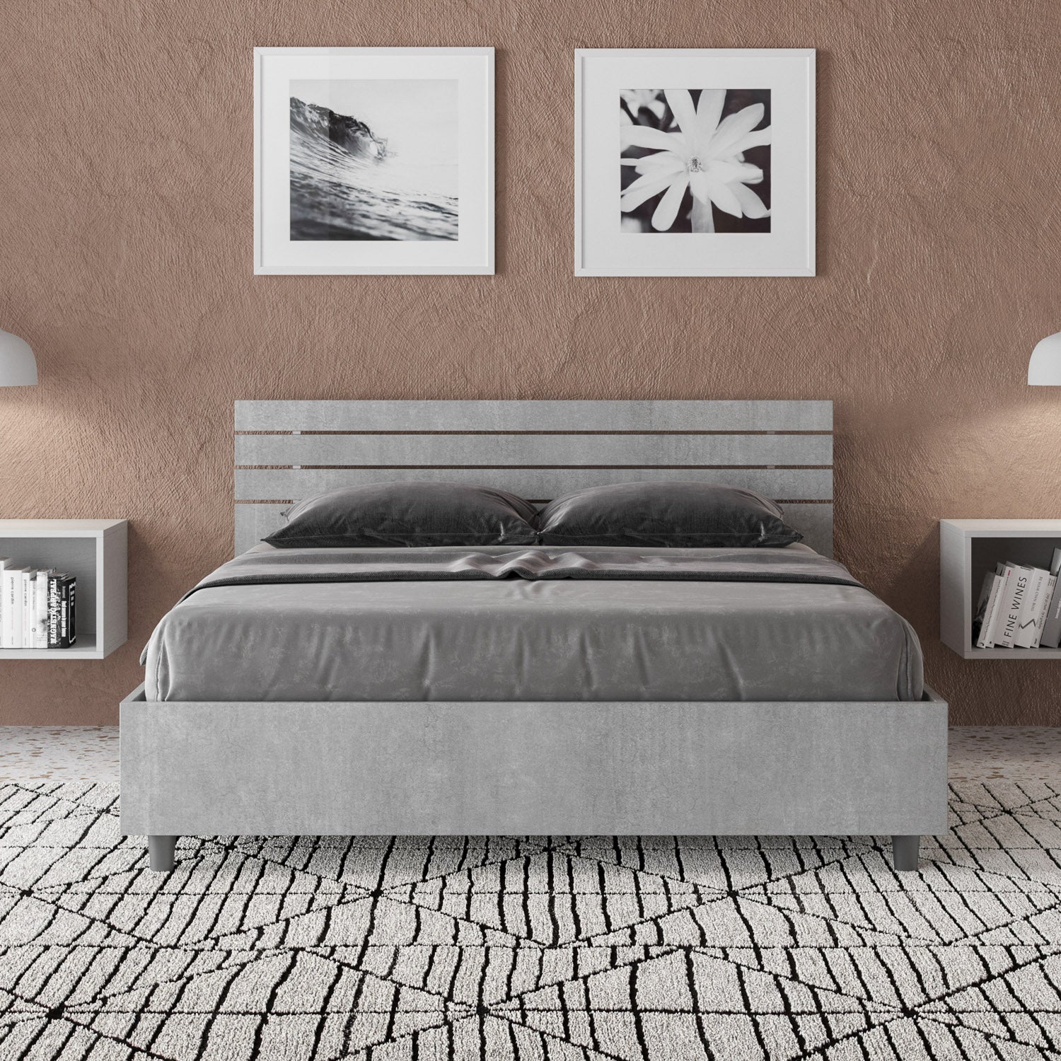BS COM Letto matrimoniale francese contenitore 140x200 testata dritta con doghe cemento